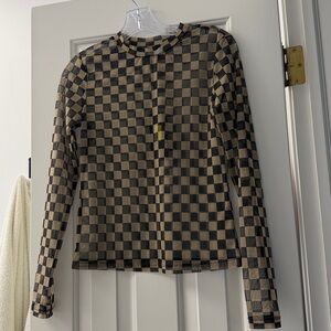 NWT Gianni Bini Sheer Black and Tan Checkered Top